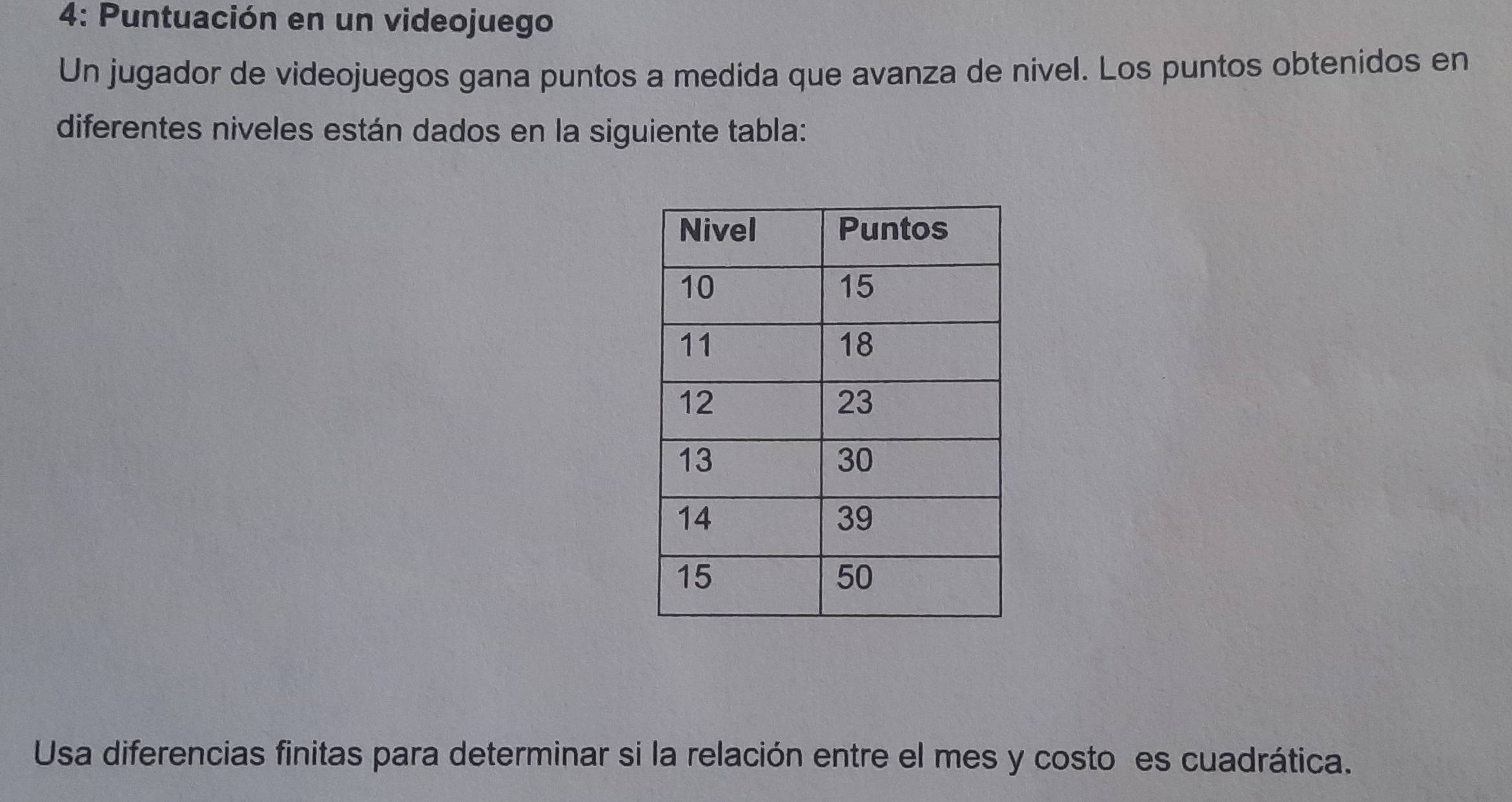 4: Puntuación en un videojuego 
Un jugador de videojuegos gana puntos a medida que avanza de nivel. Los puntos obtenidos en 
diferentes niveles están dados en la siguiente tabla: 
Usa diferencias finitas para determinar si la relación entre el mes y costo es cuadrática.