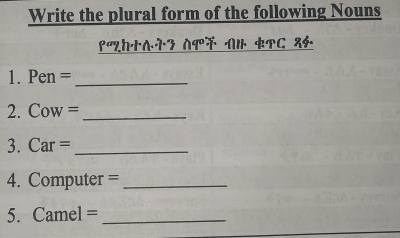 Write the plural form of the following Nouns 
९2+Λ2 N9° Aル TC 8 
1. Pen =_ 
2. Cow =_ 
3. Car =_ 
4. Computer =_ 
5. Camel =_