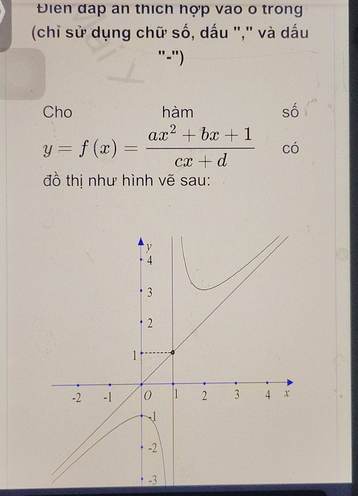 Đien dap an thích hợp vao o trong 
(chỉ sử dụng chữ số, dấu "," và dấu 
"-") 
Cho hàm số
y=f(x)= (ax^2+bx+1)/cx+d  có 
đồ thị như hình vẽ sau: