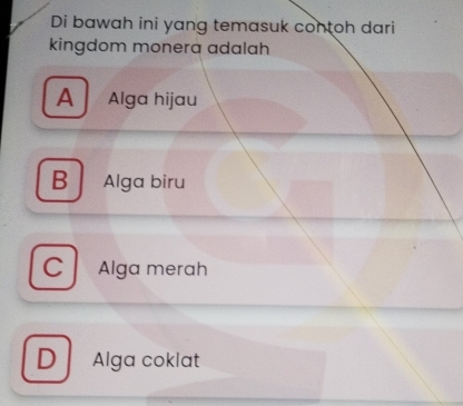 Di bawah ini yang temasuk contoh dari
kingdom monera adalah
A Alga hijau
B Alga biru
Cl Alga merah
D Alga coklat