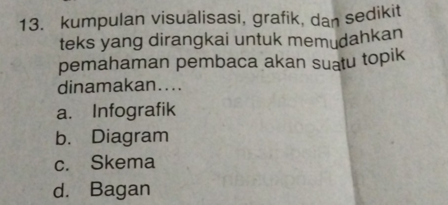 kumpulan visualisasi, grafik, dan sedikit
teks yang dirangkai untuk memudahkan
pemahaman pembaca akan suatu topik
dinamakan....
a. Infografik
b. Diagram
c. Skema
d. Bagan