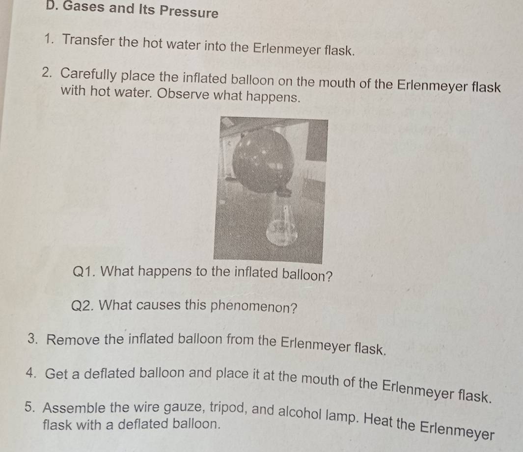 Gases and Its Pressure 
1. Transfer the hot water into the Erlenmeyer flask. 
2. Carefully place the inflated balloon on the mouth of the Erlenmeyer flask 
with hot water. Observe what happens. 
Q1. What happens to the inflated balloon? 
Q2. What causes this phenomenon? 
3. Remove the inflated balloon from the Erlenmeyer flask. 
4. Get a deflated balloon and place it at the mouth of the Erlenmeyer flask. 
5. Assemble the wire gauze, tripod, and alcohol lamp. Heat the Erlenmeyer 
flask with a deflated balloon.