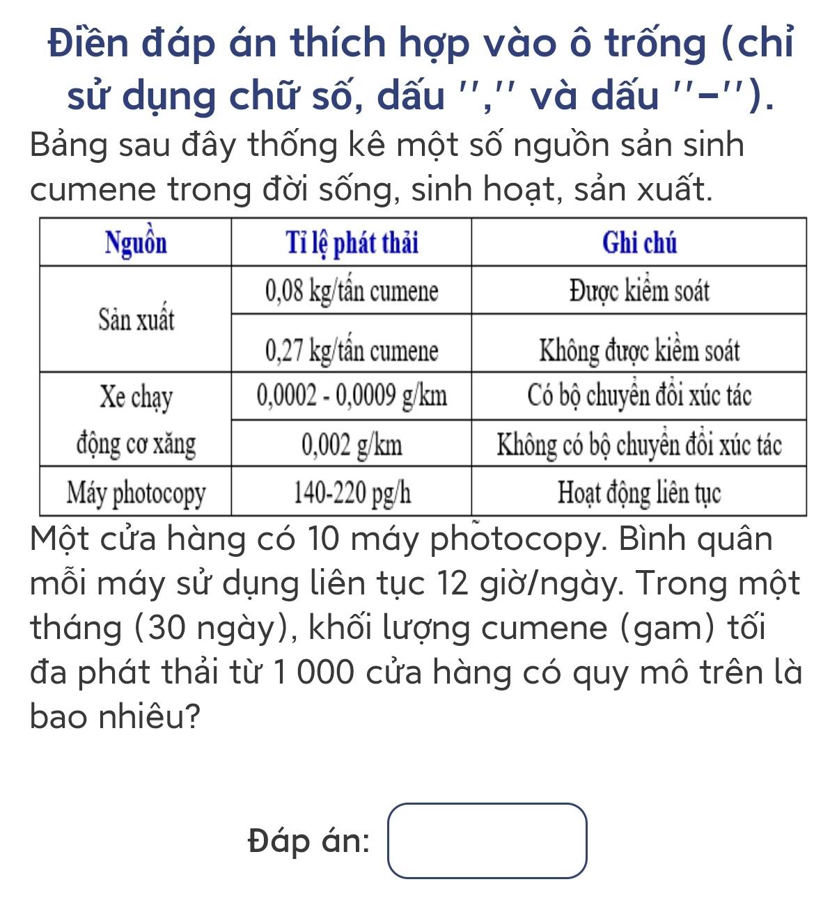 Điền đáp án thích hợp vào ô trống (chỉ 
sử dụng chữ số, dấu '','' và dấu ''-''). 
Bảng sau đây thống kê một số nguồn sản sinh 
cumene trong đời sống, sinh hoạt, sản xuất. 
Một cửa hàng có 10 máy photocopy. Bình quân 
mỗi máy sử dụng liên tục 12 giờ/ngày. Trong một 
tháng (30 ngày), khối lượng cumene (gam) tối 
đa phát thải từ 1 000 cửa hàng có quy mô trên là 
bao nhiêu? 
Đáp án: □