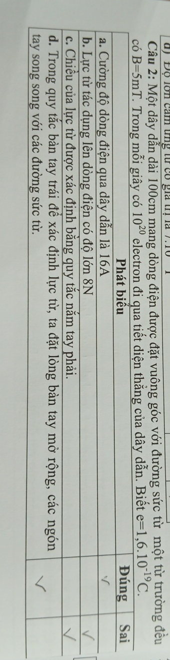 Độ lôn cam tng từ có gia trị là 71ổ
Câu 2: Một dây dẫn dài 100cm mang dòng điện được đặt vuông góc với đường sức từ một từ trường đều
10^(20) ủa dây dẫn. Biết e=1,6.10^(-19)C.