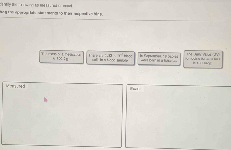 dentify the following as measured or exact. 
Drag the appropriate statements to their respective bins. 
The mass of a medication There are 4.02* 10^6 blood In September, 19 babies for iodine for an infant The Daily Value (DV) 
is 160.5 g. cells in a blood sample. were born in a hospital. is 130 mcg. 
Measured Exact