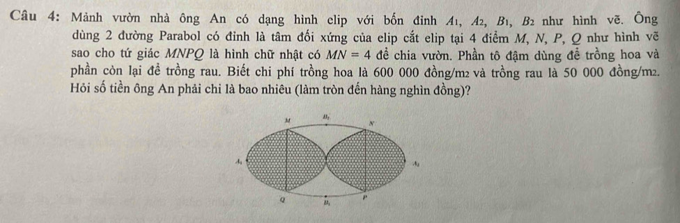 Mảnh vườn nhà ông An có dạng hình elip với bốn đỉnh 41, 42, B1, B2 như hình vẽ. Ông
dùng 2 đường Parabol có đỉnh là tâm đối xứng của elip cắt elip tại 4 điểm M, N, P, Q như hình vẽ
sao cho tứ giác MNPQ là hình chữ nhật có MN=4 để chia vườn. Phần tô đậm dùng đề trồng hoa và
phần còn lại đề trồng rau. Biết chi phí trồng hoa là 600 000 đồng/m² và trồng rau là 50 000 đồng/m².
Hỏi số tiền ông An phải chi là bao nhiêu (làm tròn đến hàng nghìn đồng)?