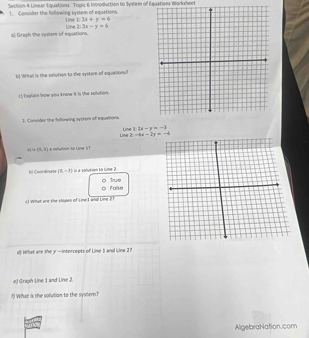 Linear Equations Topic 6 Introduction to System of Equations Worksheet
1. Consider the following system of equations.
Line . 1: 3x+y=6
Line : 3x-y=6
a) Graph the system of equations.
b) What is the solution to the system of equations?
c) Explain how you know it is the solution.
2. Consider the following system of equations.
Line 1:2x-y=-3
Line 2:-6x-2y=-6
a) ls (0,3) a solution to Line 1?
b) Coordinate (0,-3) is a solution to Line 2.
True
False
c) What are the slopes of Line1 and Line 2?
d) What are the y —intercepts of Line 1 and Line 2?
e) Graph Line 1 and Line 2.
f) What is the solution to the system?
AlgebraNation.com