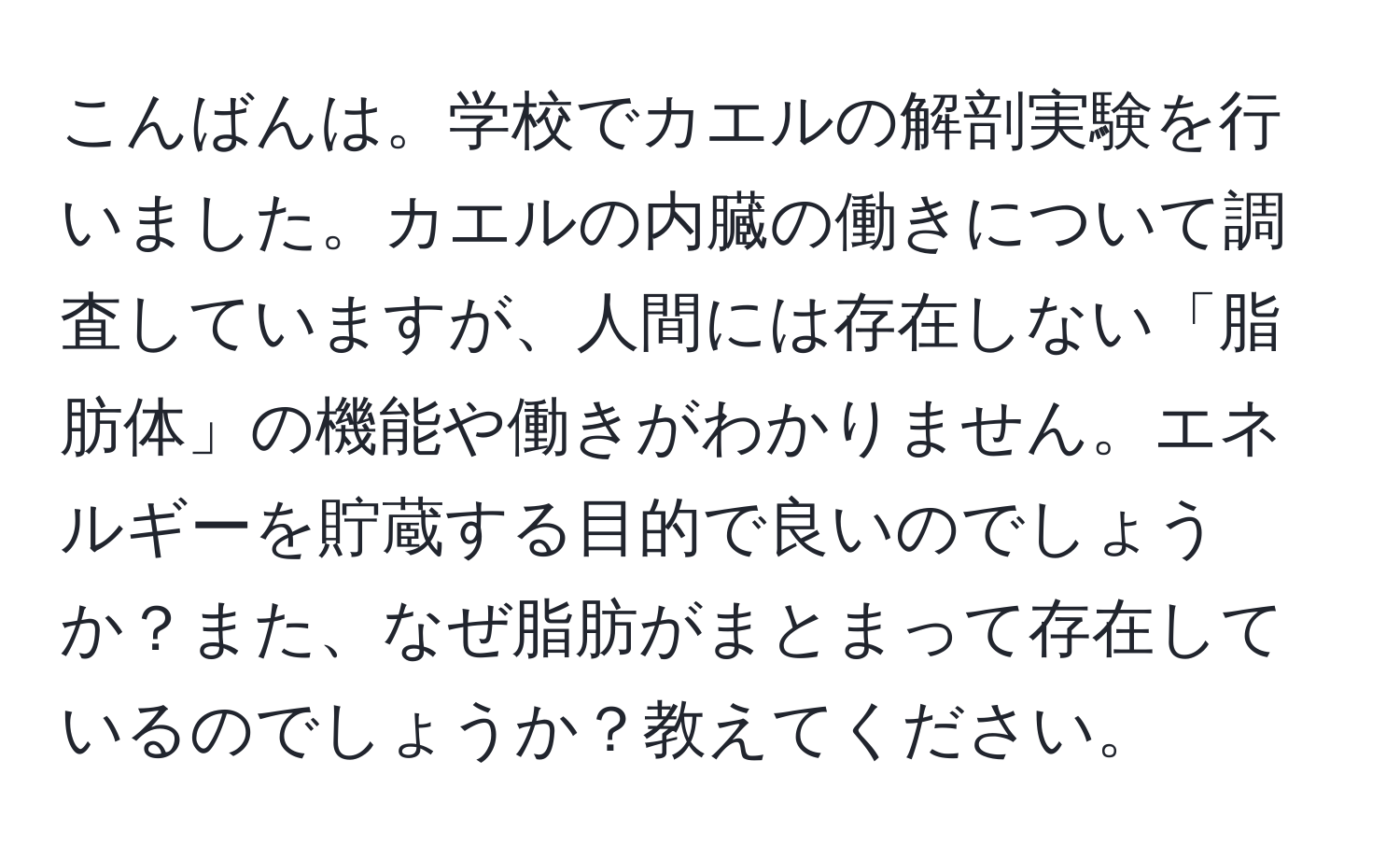 こんばんは。学校でカエルの解剖実験を行いました。カエルの内臓の働きについて調査していますが、人間には存在しない「脂肪体」の機能や働きがわかりません。エネルギーを貯蔵する目的で良いのでしょうか？また、なぜ脂肪がまとまって存在しているのでしょうか？教えてください。