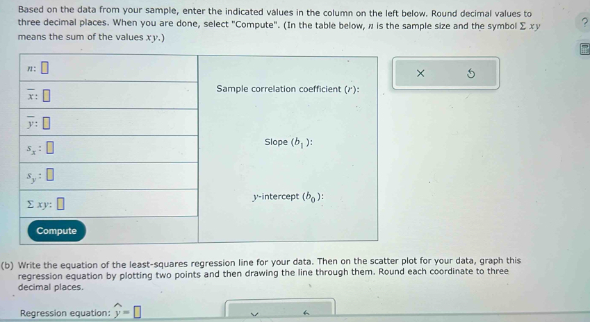 Based on the data from your sample, enter the indicated válues in the column on the left below. Round decimal values to
three decimal places. When you are done, select "Compute". (In the table below, n is the sample size and the symbol Σ xy ?
means the sum of the values xy.)
×
(b) Write the equation of the least-squares regression line for your data. Then on the scatter plot for your data, graph this
regression equation by plotting two points and then drawing the line through them. Round each coordinate to three
decimal places.
Regression equation: widehat y=□