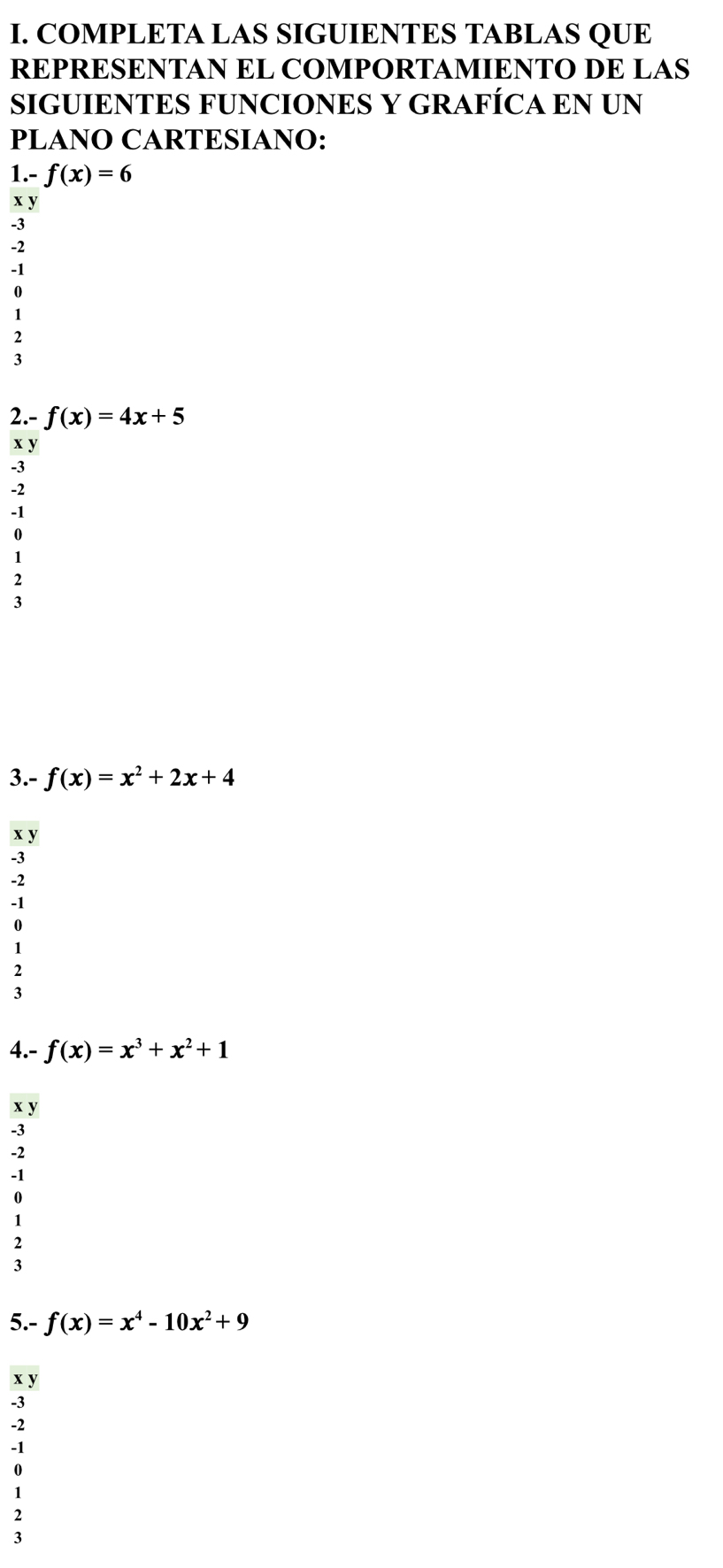 COMPLETA LAS SIGUIENTES TABLAS QUE 
REPRESENTAN EL COMPORTAMIENTO DE LAS 
SIGUIENTES FUNCIONES Y GRAFÍCA EN UN 
PLANO CARTESIANO: 
1.- f(x)=6
x y
-3
-2
-1
0
1
2
3
2.- f(x)=4x+5
x y
-3
-2
-1
0
1
: 
3.- f(x)=x^2+2x+4
x y
-3
-2
v
0
1
2
3
4.- f(x)=x^3+x^2+1
x y
-3
-2
-1
0
1
2
3
5.- f(x)=x^4-10x^2+9
x y
-3
-2
-1
0
1
2
3