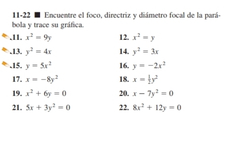 11-22 ■ Encuentre el foco, directriz y diámetro focal de la pará- 
bola y trace su gráfica. 
.11. x^2=9y 12. x^2=y.13. y^2=4x 14. y^2=3x.15. y=5x^2 16. y=-2x^2
17. x=-8y^2 18. x= 1/2 y^2
19. x^2+6y=0 20. x-7y^2=0
21. 5x+3y^2=0 22. 8x^2+12y=0