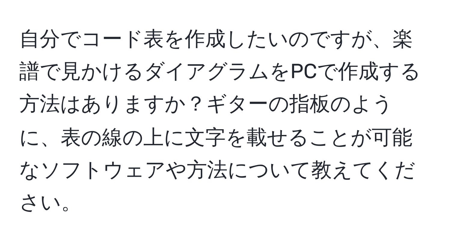 自分でコード表を作成したいのですが、楽譜で見かけるダイアグラムをPCで作成する方法はありますか？ギターの指板のように、表の線の上に文字を載せることが可能なソフトウェアや方法について教えてください。