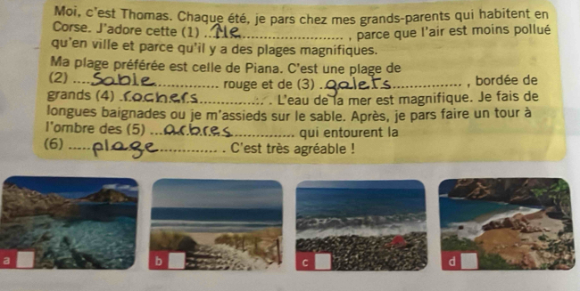 Moi, c'est Thomas. Chaque été, je pars chez mes grands-parents qui habitent en 
Corse. J'adore cette (1)_ 
, parce que l'air est moins pollué 
qu'en ville et parce qu'il y a des plages magnifiques. 
Ma plage préférée est celle de Piana. C'est une plage de 
(2)_ rouge et de (3) _ 
_, bordée de 
grands (4) Lochers _L'eau de la mer est magnifique. Je fais de 
longues baignades ou je m'assieds sur le sable. Après, je pars faire un tour à 
l'ombre des (5)_ _qui entourent la 
(6) _C'est très agréable ! 
d