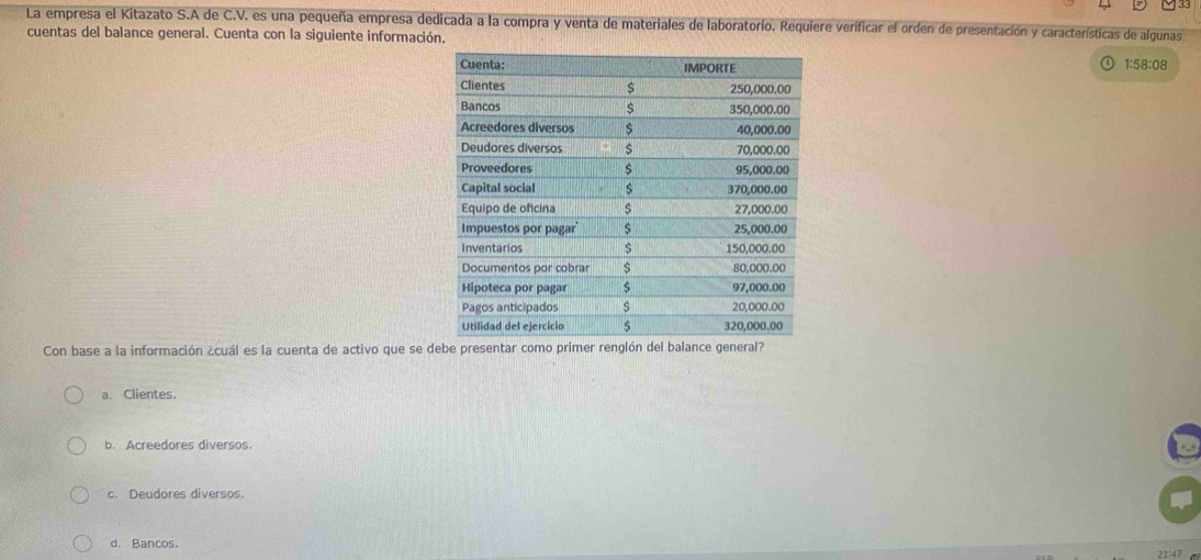 La empresa el Kitazato S.A de C.V. es una pequeña empresa dedicada a la compra y venta de materiales de laboratorio. Requiere verificar el orden de presentación y características de algunas
cuentas del balance general. Cuenta con la siguiente información.1:58:08
Con base a la información ¿cuál es la cuenta de activo que se debe presentar como primer renglón del balance general?
a. Clientes.
b. Acreedores diversos.
c. Deudores diversos.
d. Bancos。