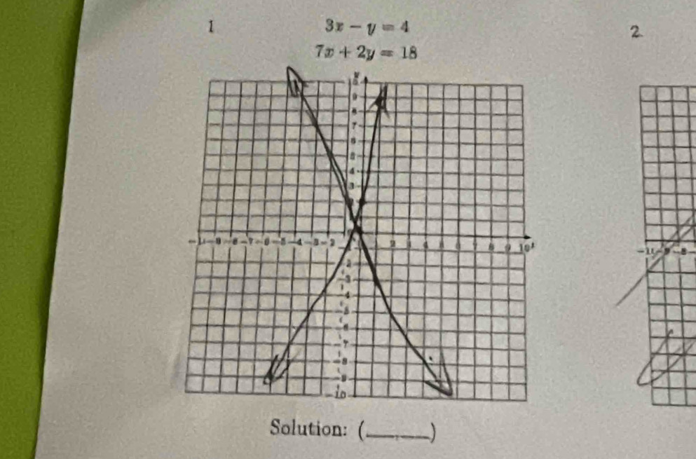 1
3x-y=4
2
7x+2y=18
Solution: (_