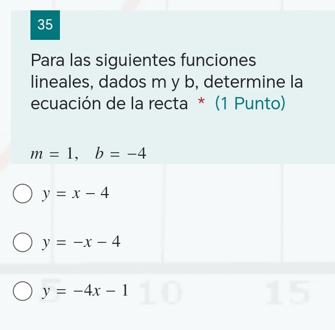 Para las siguientes funciones
lineales, dados m y b, determine la
ecuación de la recta * (1 Punto)
m=1, b=-4
y=x-4
y=-x-4
y=-4x-1
15