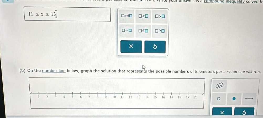 te your answer as a compound inequality solved fo
11≤ x≤ 13
□ and□ □ □ >□
□ or□ □ ≤ □ □ ≥ □
× 
(b) On the number line below, graph the solution that represents the possible numbers of kilometers per session she will run. 
×