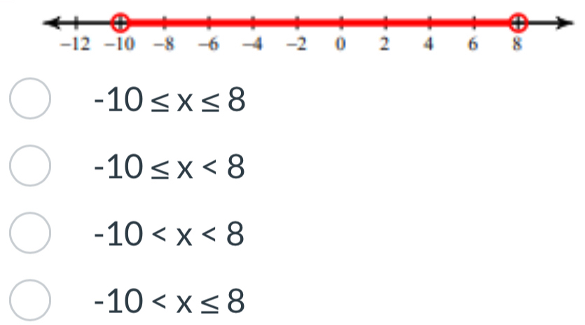 -10≤ x≤ 8
-10≤ x<8</tex>
-10
-10