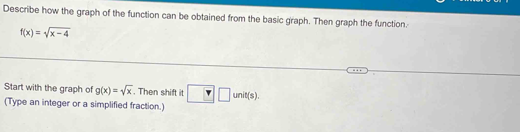 Describe how the graph of the function can be obtained from the basic graph. Then graph the function.
f(x)=sqrt(x-4)
Start with the graph of g(x)=sqrt(x). Then shift it □ □ unit(s). 
(Type an integer or a simplified fraction.)