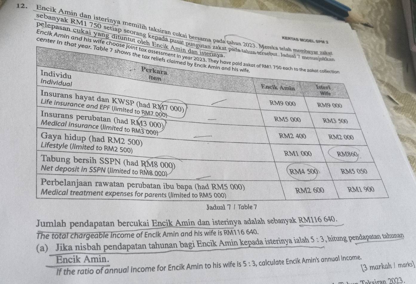 Encik Amin dan isterinya memilih taksiran cukai bersama pada 
sebanyak RM1 750 setiap seorang kepada pus 
pelepasan cukai yang dituntut ol 
KERTAS MODEL SPM 
Encik Amin and his wif 
center 
Jumlah pendapatan bercukai Encik Amin dan isterinya adalah sebanyak RM116 640. 
The total chargeable income of Encik Amin and his wife is RM116 640. 
(a) Jika nisbah pendapatan tahunan bagi Encik Amin kepada isterinya ialah 5:3 , hitung pendapatan tahunan 
Encik Amin. 
If the ratio of annual income for Encik Amin to his wife is 5:3 , calculate Encik Amin's annual income. 
[3 markah | marks] 
Taksiran 2023.