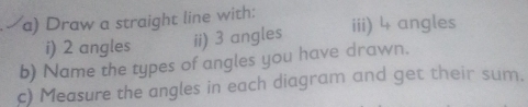 Draw a straight line with: iii) 4 angles 
i) 2 angles ii) 3 angles 
b) Name the types of angles you have drawn. 
c) Measure the angles in each diagram and get their sum.