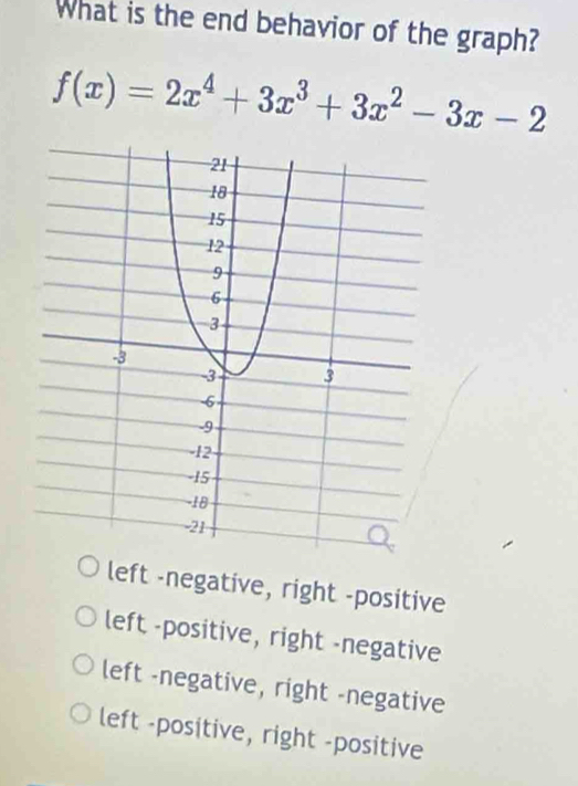 What is the end behavior of the graph?
f(x)=2x^4+3x^3+3x^2-3x-2
left -negative, right -positive
left -positive, right -negative
left -negative, right -negative
left -positive, right -positive