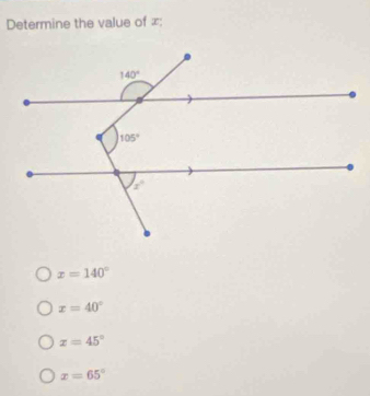 Determine the value of ∞;
x=140°
x=40°
x=45°
x=65°