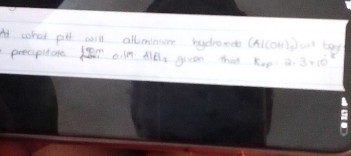 At cohat pH will allminum bycronde (Al(OH)_3) wol boy 
precipitate for o. In AlEl_1 given that Kop 2.3* 10