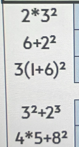 2^*3^2
6+2^2
3(l+6)^2
3^2+2^3
4^*5+8^2