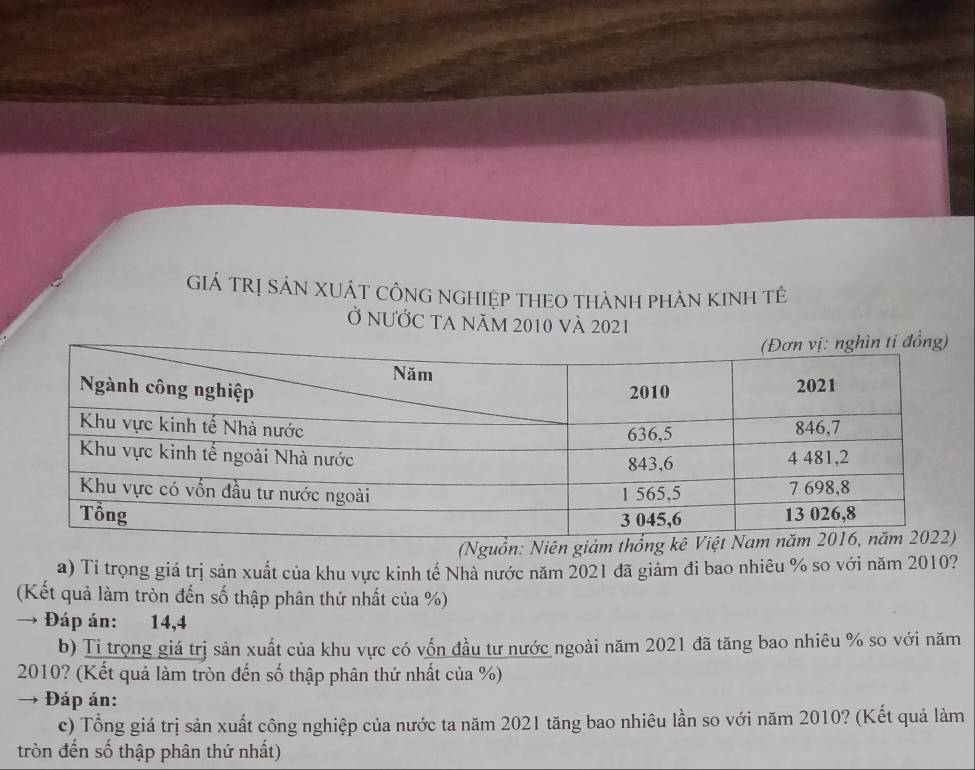 GIá TRị SảN XUÁT CÔNG NGHIệP THEO THàNH PHảN KINH tÊ 
Ở nƯỚc ta năm 2010 và 2021
(Nguồn: Niên giám thống kê 
a) Tỉ trọng giá trị sản xuất của khu vực kinh tế Nhà nước năm 2021 đã giảm đi bao nhiêu % so với năm 2010? 
(Kết quả làm tròn đến số thập phân thứ nhất của %) 
→ Đáp án: 14,4
b) Tỉ trọng giá trị sản xuất của khu vực có vốn đầu tư nước ngoài năm 2021 đã tăng bao nhiêu % so với năm
2010? (Kết quả làm tròn đến số thập phân thứ nhất của %) 
→ Đáp án: 
c) Tổng giá trị sản xuất công nghiệp của nước ta năm 2021 tăng bao nhiêu lần so với năm 2010? (Kết quả làm 
tròn đến số thập phân thứ nhất)