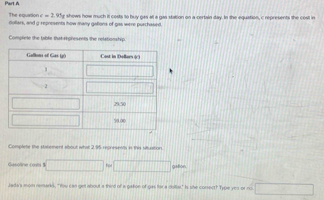 The equation c=2.95g shows how much it costs to buy gas at a gas station on a certain day. In the equation, c represents the cost in 
dollars, and g represents how many gallons of gas were purchased. 
Complete the table that represents the relationship. 
Complete the statement about what 2.95 represents in this situation. 
Gasoline costs $ for / gallion 
Jada's mom remarks, "You can get about a third of a gallion of gas for a dollar." Is she correct? Type yes or no.