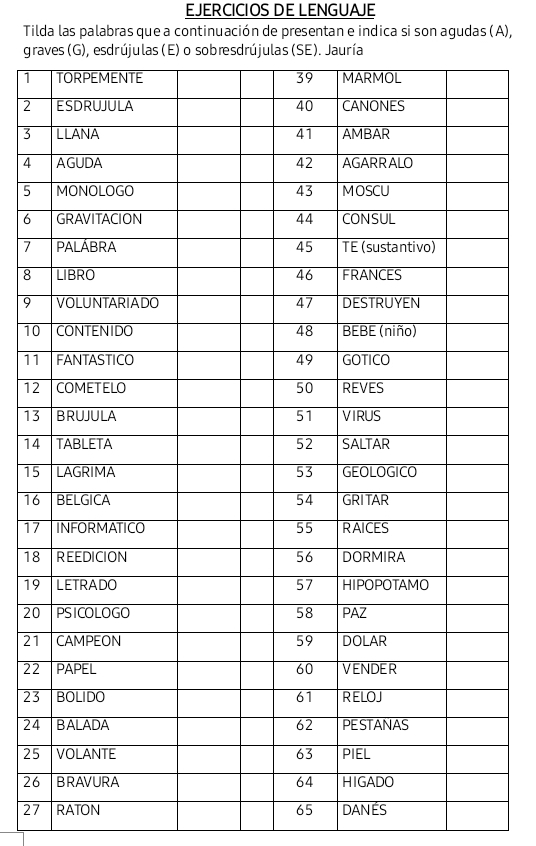 EJERCICIOS DE LENGUAJE 
Tilda las palabras que a continuación de presentan e indica si son agudas (A), 
gra
1
2
3
4
5
6
7
8
9
10
11
12
13
14
15
16
17
18
19
20
21
22
23
24
25
26
27 RATON 65 DANÉS