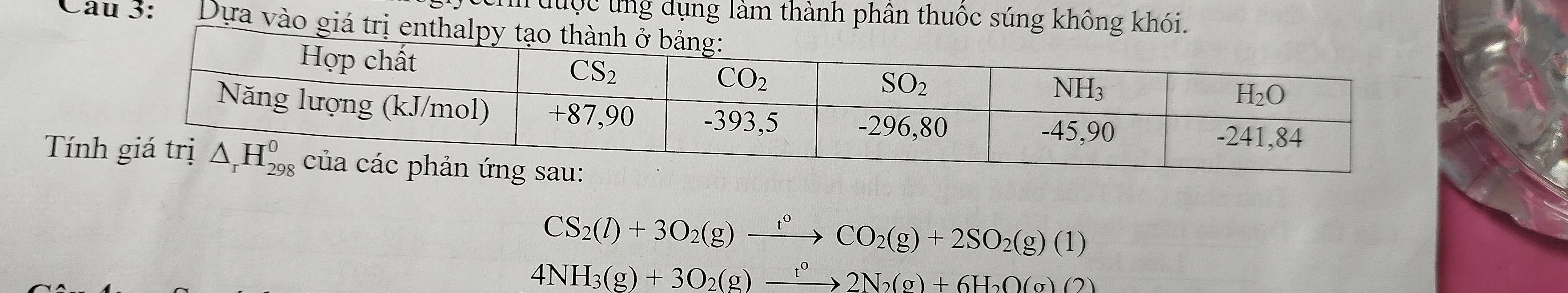 Tưuộc ứng dụng làm thành phân thuộc súng không khói.
Câu 3: Dựa vào giá trị enth
Tín
CS_2(l)+3O_2(g)xrightarrow t°CO_2(g)+2SO_2(g)(1)
4NH_3(g)+3O_2(g)xrightarrow t°2N_2(g)+6H_2O(g)(2)