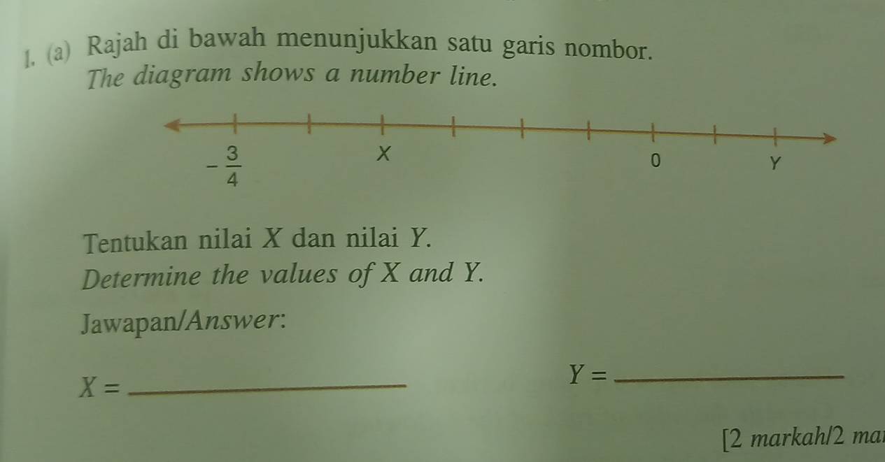 l, (a) Rajah di bawah menunjukkan satu garis nombor.
The diagram shows a number line.
Tentukan nilai X dan nilai Y.
Determine the values of X and Y.
Jawapan/Answer:
X=
_
_ Y=
[2 markah/2 mar