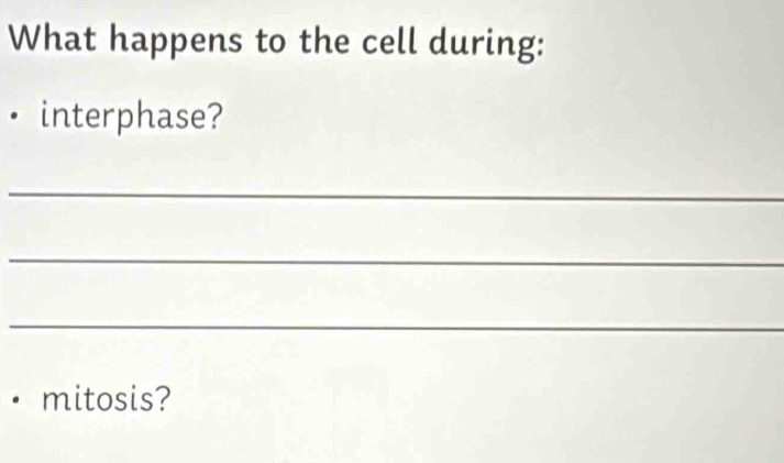 What happens to the cell during: 
interphase? 
_ 
_ 
_ 
· mitosis?