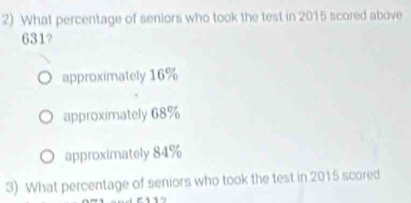 What percentage of seniors who took the test in 2015 scored above
631?
approximately 16%
approximately 68%
approximately 84%
3) What percentage of seniors who took the test in 2015 scored