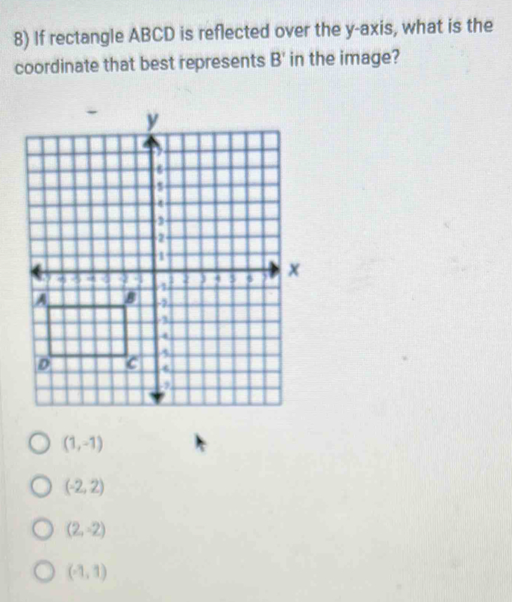 If rectangle ABCD is reflected over the y-axis, what is the
coordinate that best represents B' in the image?
(1,-1)
(-2,2)
(2,-2)
(-1,1)