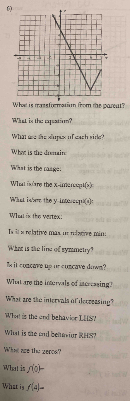 What is transformation from the parent? 
What is the equation? 
What are the slopes of each side? 
What is the domain: 
What is the range: 
What is/are the x-intercept(s): 
What is/are the y-intercept(s): 
What is the vertex: 
Is it a relative max or relative min: 
What is the line of symmetry? 
Is it concave up or concave down? 
What are the intervals of increasing? 
What are the intervals of decreasing? 
What is the end behavior LHS? 
What is the end behavior RHS? 
What are the zeros? 
What is f(0)=
What is f(4)=