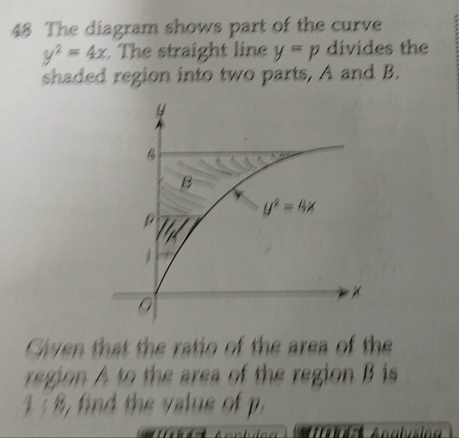 The diagram shows part of the curve
y^2=4x The straight line y=p divides the
shaded region into two parts, A and B.
Civen that the ratio of the area of the
region A to the area of the region B is
1 :8, find the value of p.
Analvsina