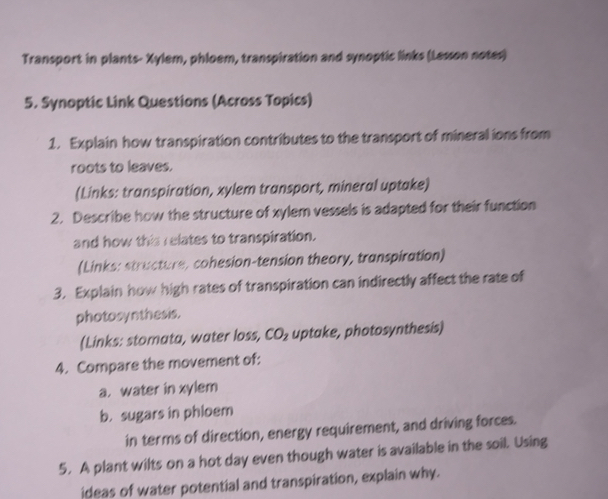 Solved: Transport in plants- Xylem, phloem, transpiration and synoptic ...