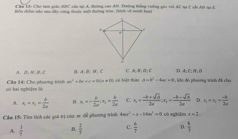 Cầu 13: Cho tam giác ABC cân tại A, đường cao AH. Đường thẳng vuông góc với AC tại C cất AH tại E,
Bốn điểm nào sau đây cùng thuộc một đường tròn. (hình vẽ minh họa)
A. D; H; B; C B. A; B; H; C C. A; B; D; C D. A; C; H; D
Câu 14: Cho phương trình ax^2+bx+c=0(a!= 0) có biệt thức △ =b^2-4ac=0 , khi đó phương trình đã cho
có hai nghiệm là:
A. x_1=x_2= b/2a  B. x_1=- b/2a ; x_2= b/2a  C. x_1= (-b+sqrt(△ ))/2a ;x_2= (-b-sqrt(△ ))/2a  D. x_1=x_2= (-b)/2a 
Câu 15: Tìm tích các giá trị của m đề phương trình 4mx^2-x-14m^2=0 có nghiệm x=2.
A.  1/7   2/7   6/7  D.  8/7 
B.
C.