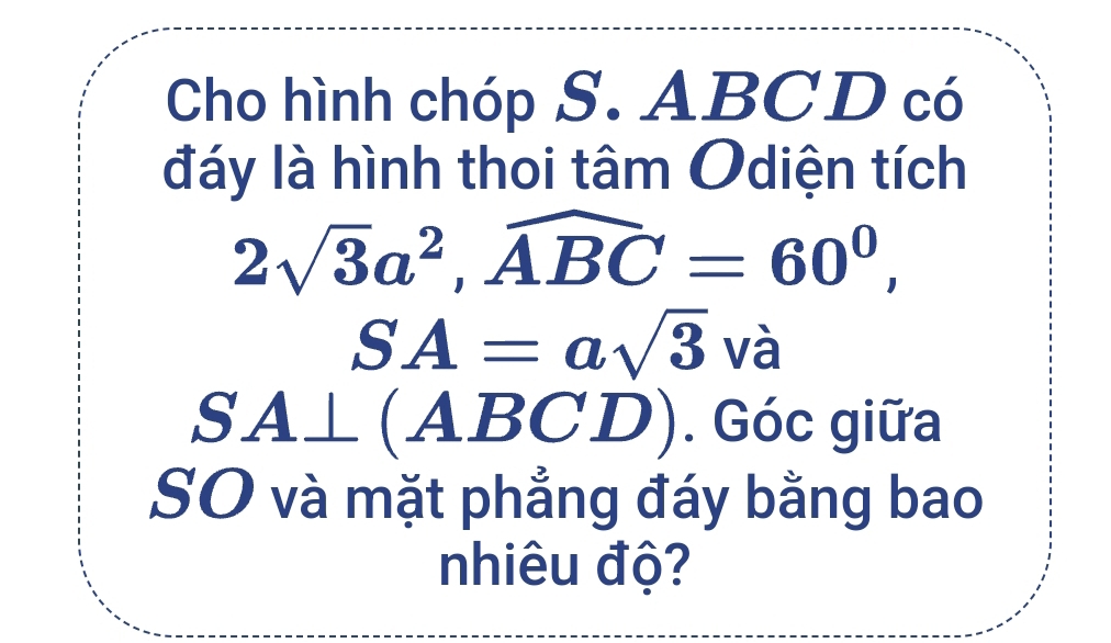 Cho hình chóp S. ABCD có 
đáy là hình thoi tâm Odiện tích
2sqrt(3)a^2, widehat ABC=60^0,
SA=asqrt(3) và 
□ □ (ABCD). Góc giữa 
) _ 1 
| 
SO và mặt phẳng đáy bằng bao 
nhiêu độ?