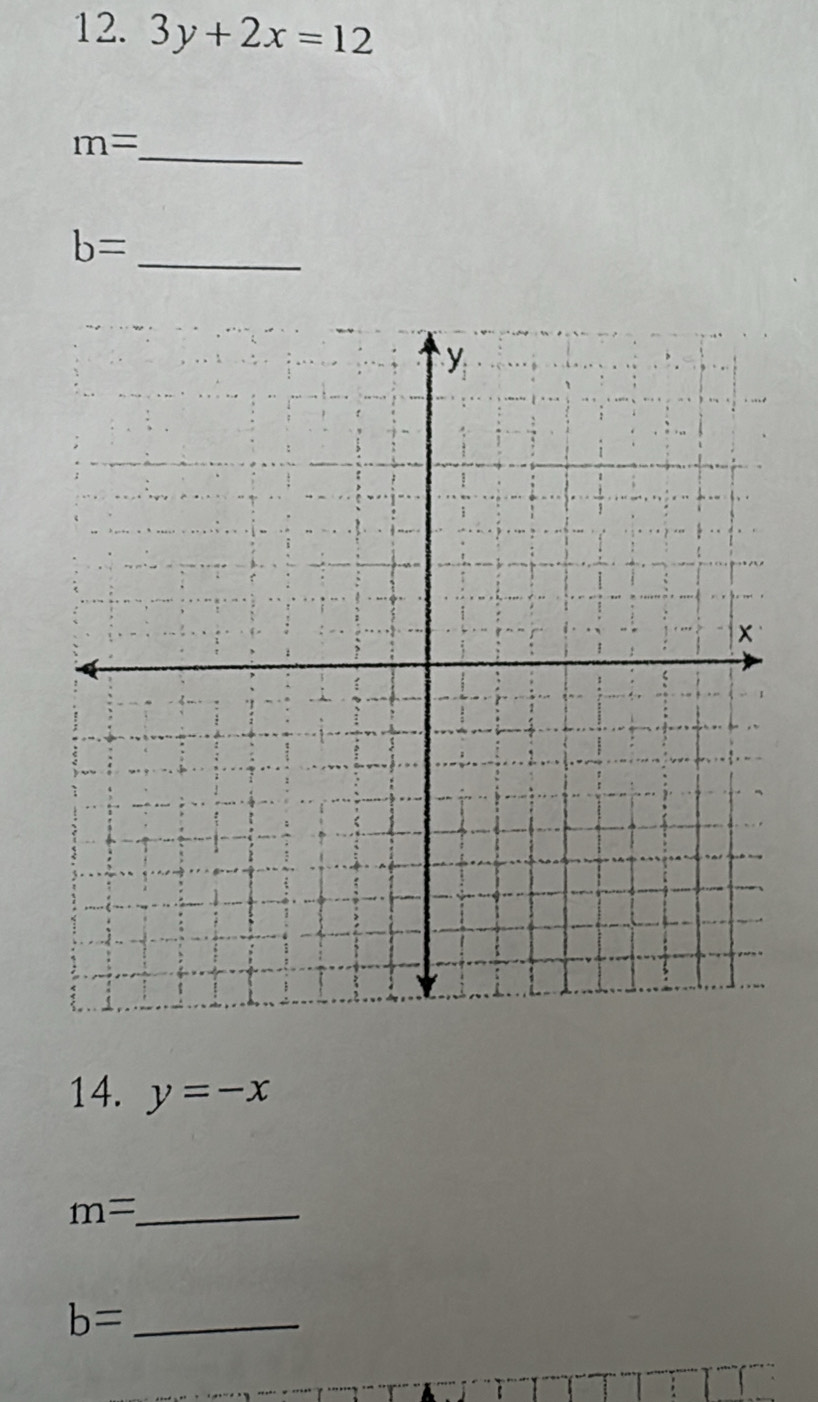 3y+2x=12
_
m=
_ b=
14. y=-x
_ m=
b= _