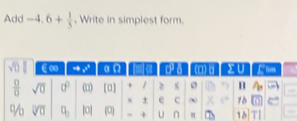 Add -4,6+ 1/5 . Write in simplest form.