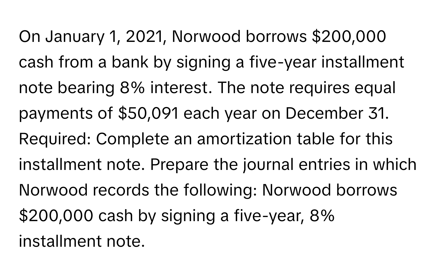 On January 1, 2021, Norwood borrows $200,000 cash from a bank by signing a five-year installment note bearing 8% interest. The note requires equal payments of $50,091 each year on December 31. Required: Complete an amortization table for this installment note. Prepare the journal entries in which Norwood records the following: Norwood borrows $200,000 cash by signing a five-year, 8% installment note.