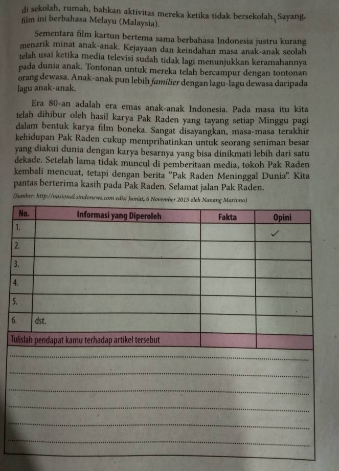 di sekolah, rumah, bahkan aktivitas mereka ketika tidak bersekolah. Sayang, 
film ini berbahasa Melayu (Malaysia). 
Sementara film kartun bertema sama berbahasa Indonesia justru kurang 
menarik minat anak-anak. Kejayaan dan keindahan masa anak-anak seolah 
telah usai ketika media televisi sudah tidak lagi menunjukkan keramahannya 
pada dunia anak. Tontonan untuk mereka telah bercampur dengan tontonan 
orang dewasa. Anak-anak pun lebih familier dengan lagu-lagu dewasa daripada 
lagu anak-anak. 
Era 80 -an adalah era emas anak-anak Indonesia. Pada masa itu kita 
telah dihibur oleh hasil karya Pak Raden yang tayang setiap Minggu pagi 
dalam bentuk karya film boneka. Sangat disayangkan, masa-masa terakhir 
kehidupan Pak Raden cukup memprihatinkan untuk seorang seniman besar 
yang diakui dunia dengan karya besarnya yang bisa dinikmati lebih dari satu 
dekade. Setelah lama tidak muncul di pemberitaan media, tokoh Pak Raden 
kembali mencuat, tetapi dengan berita ''Pak Raden Meninggal Dunia''. Kita 
pantas berterima kasih pada Pak Raden. Selamat jalan Pak Raden. 
(Sumber: http://nasional.sindonews
3
4
5
6
T