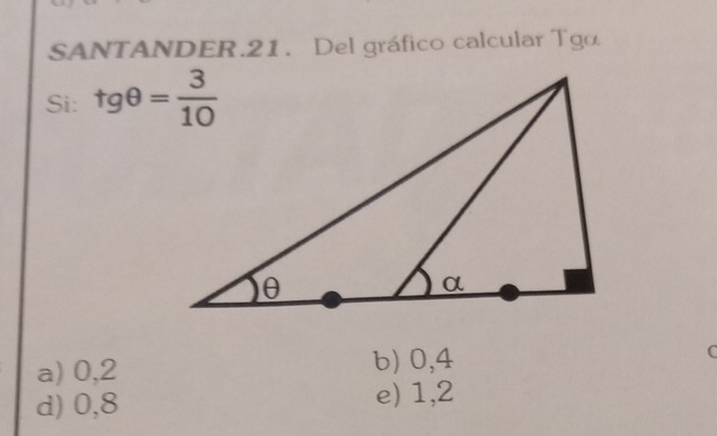 SANTANDER.21. Del gráfico calcular Tgo
Si: tgθ = 3/10 
a) 0,2 b) 0, 4 C
d) 0,8 e) 1, 2