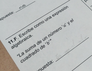 puesta: 
.F. Escribe como una expresi 
a suma de un número 'α' y 
algebraica 
uadrado de 'b' 
nuesta