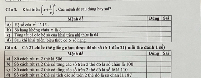 Khai triền (x+ 1/x )^6. Các mệnh đề sau đúng hay sai?
Câu 4. Có 21 chiếc thẻ giống nhau được đánh số từ 1 đến 21( mỗi thẻ đánh 1 số)