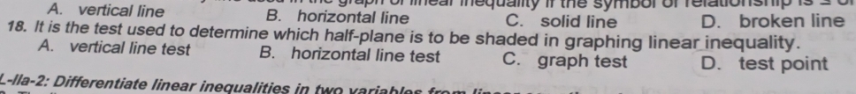 graph of linear inequality if the symbor of relationship
A. vertical line B. horizontal line C. solid line D. broken line
18. It is the test used to determine which half-plane is to be shaded in graphing linear inequality.
A. vertical line test B. horizontal line test C. graph test D. test point
L-lla-2: Differentiate linear inequalities in two variables f